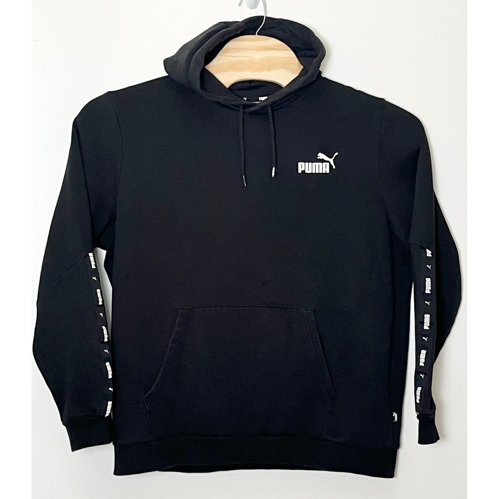 Puma Mens XL Black Fleece Hoodie Tape Sleeve Logo Pullover Sweatshirt